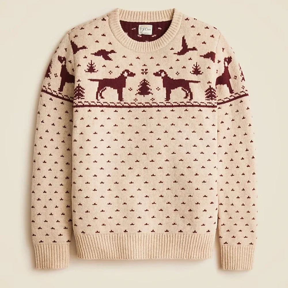 Crewneck Dog Fair Isle Sweater - Burgundy Beige